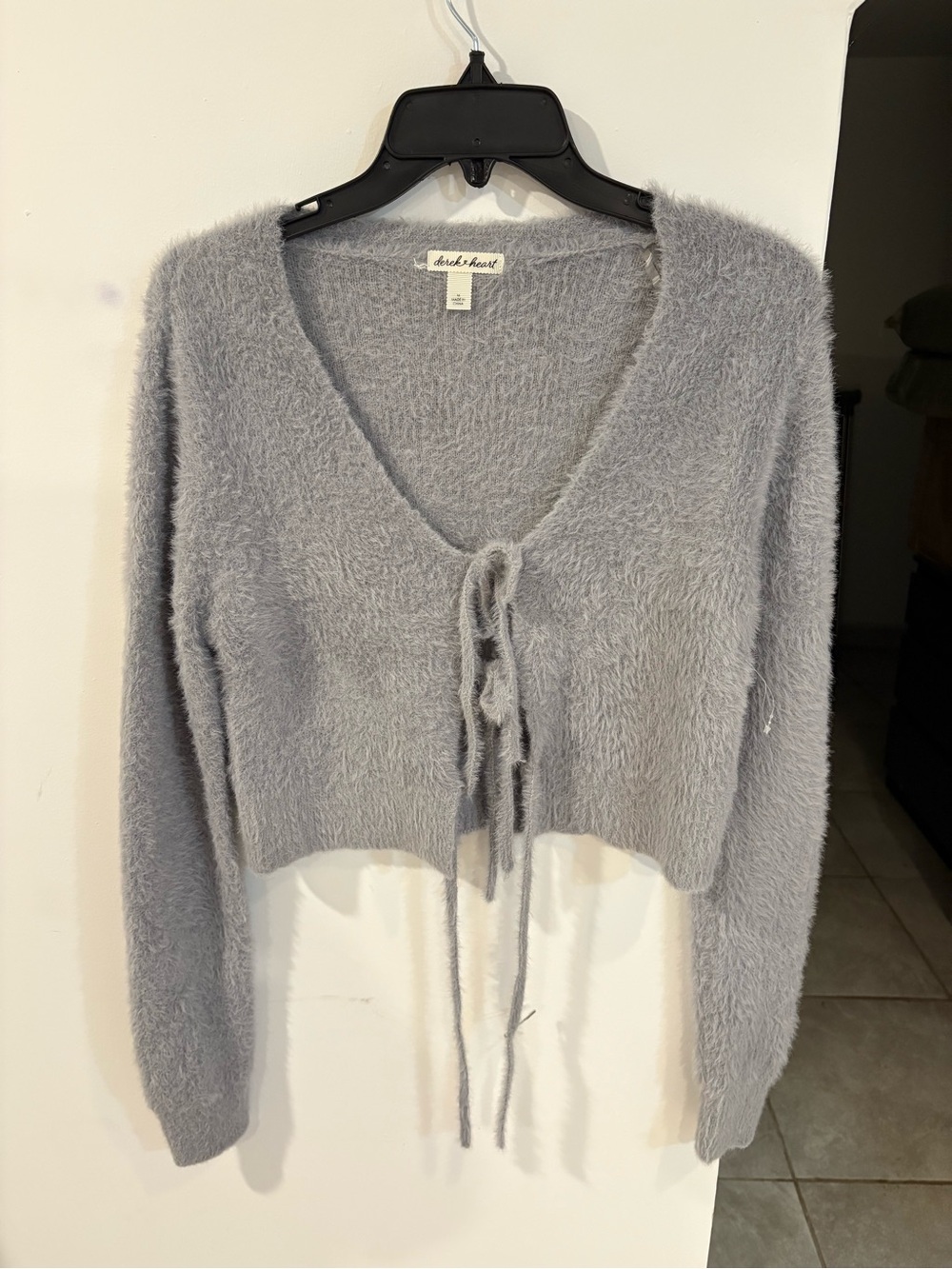 Derek Heart Light Gray Fuzzy V‑Neck Tie‑Front Sweater